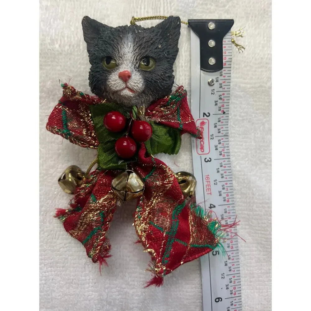 Vintage Style Tuxedo Cat Christmas Ornament Plaid Bow Jingle Bells 5” Chipped